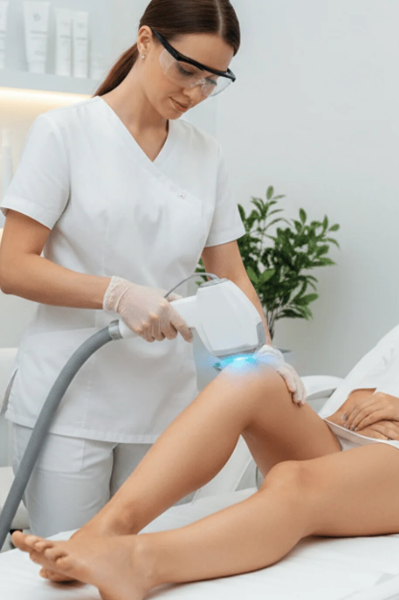 Practitioner performing a laser treatment on a patient leg