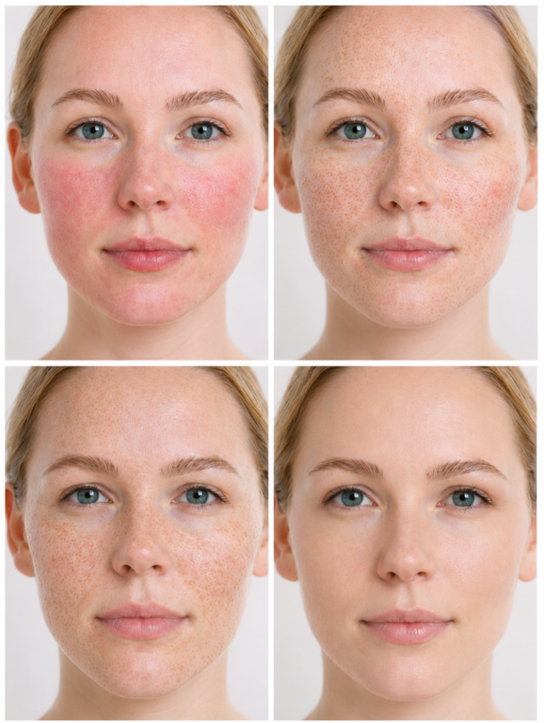 Grid of a woman's face showing different states of skin redness and barrier irritation