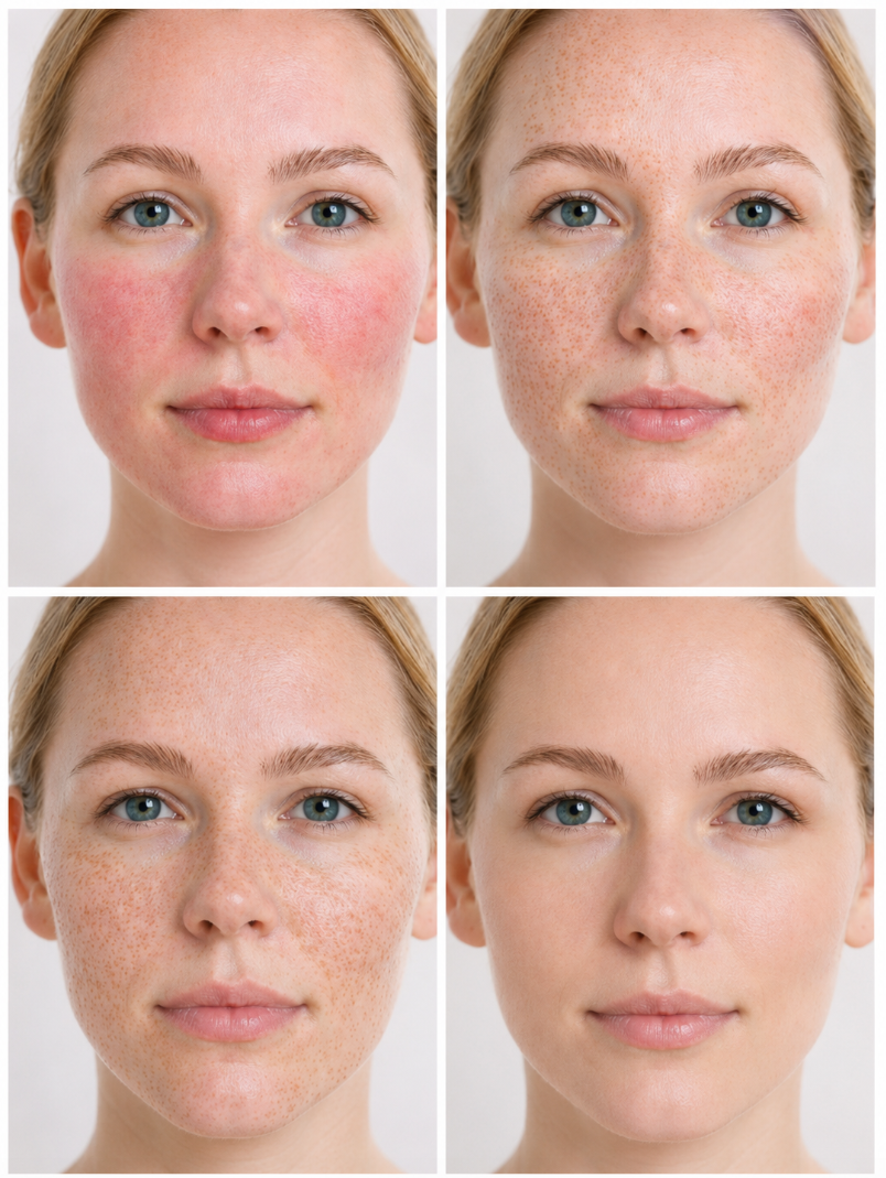 Grid of a woman's face showing different states of skin redness and barrier irritation