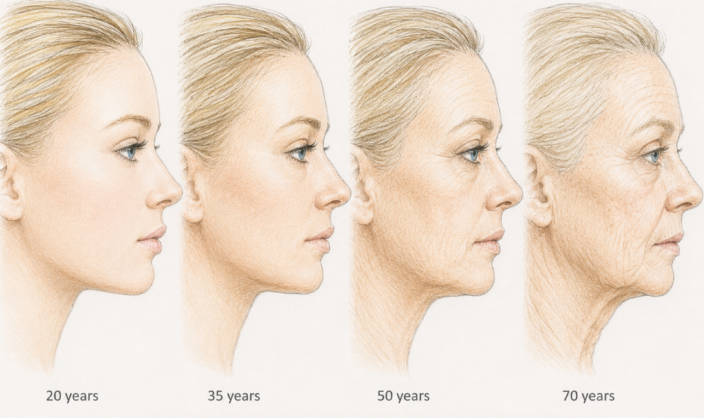 Illustration of facial aging in profile at 20, 35, 50, and 70 years