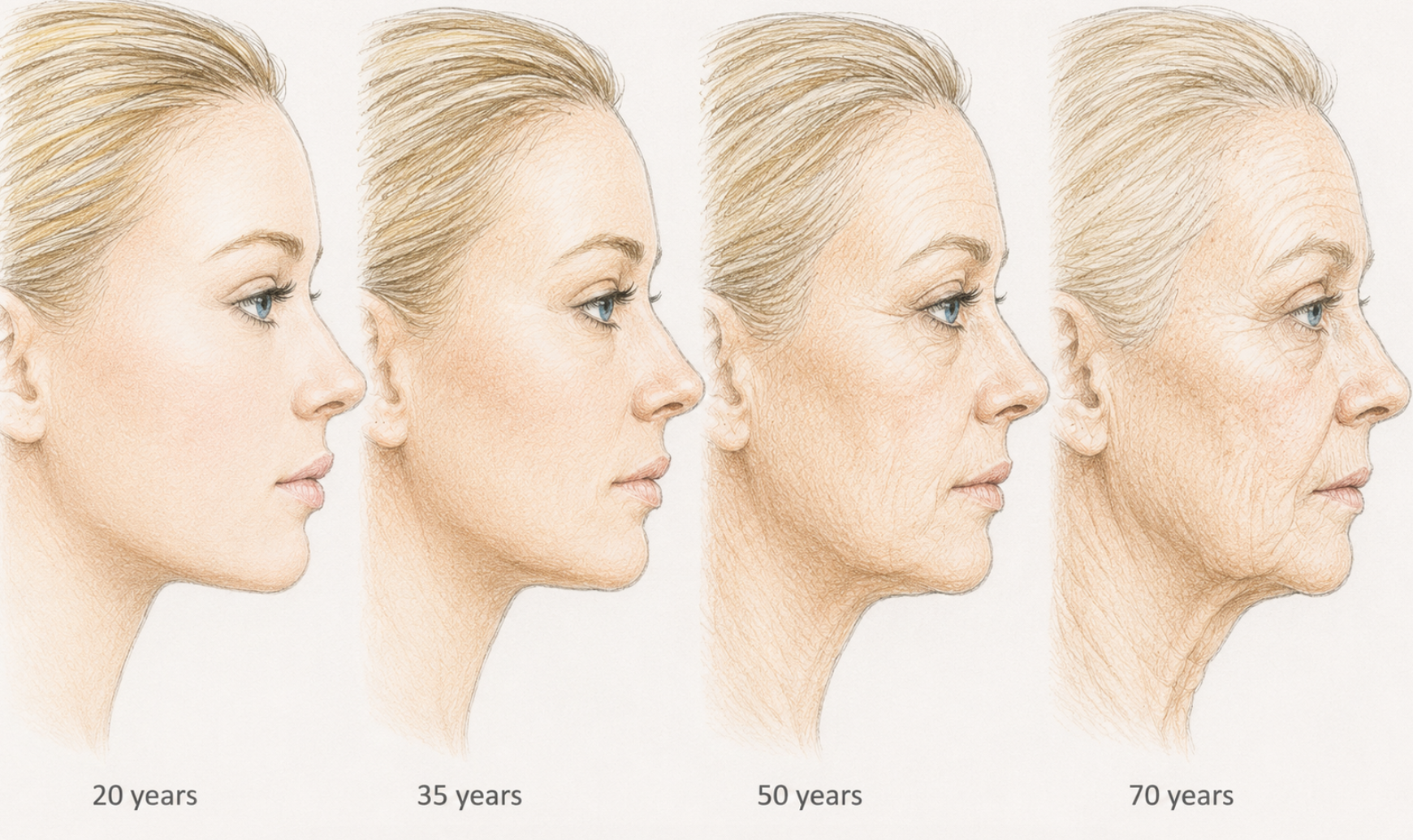 Illustration of facial aging in profile at 20, 35, 50, and 70 years