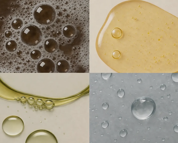 Grid of skincare ingredient textures: cleanser foam, oil, serum, and gel