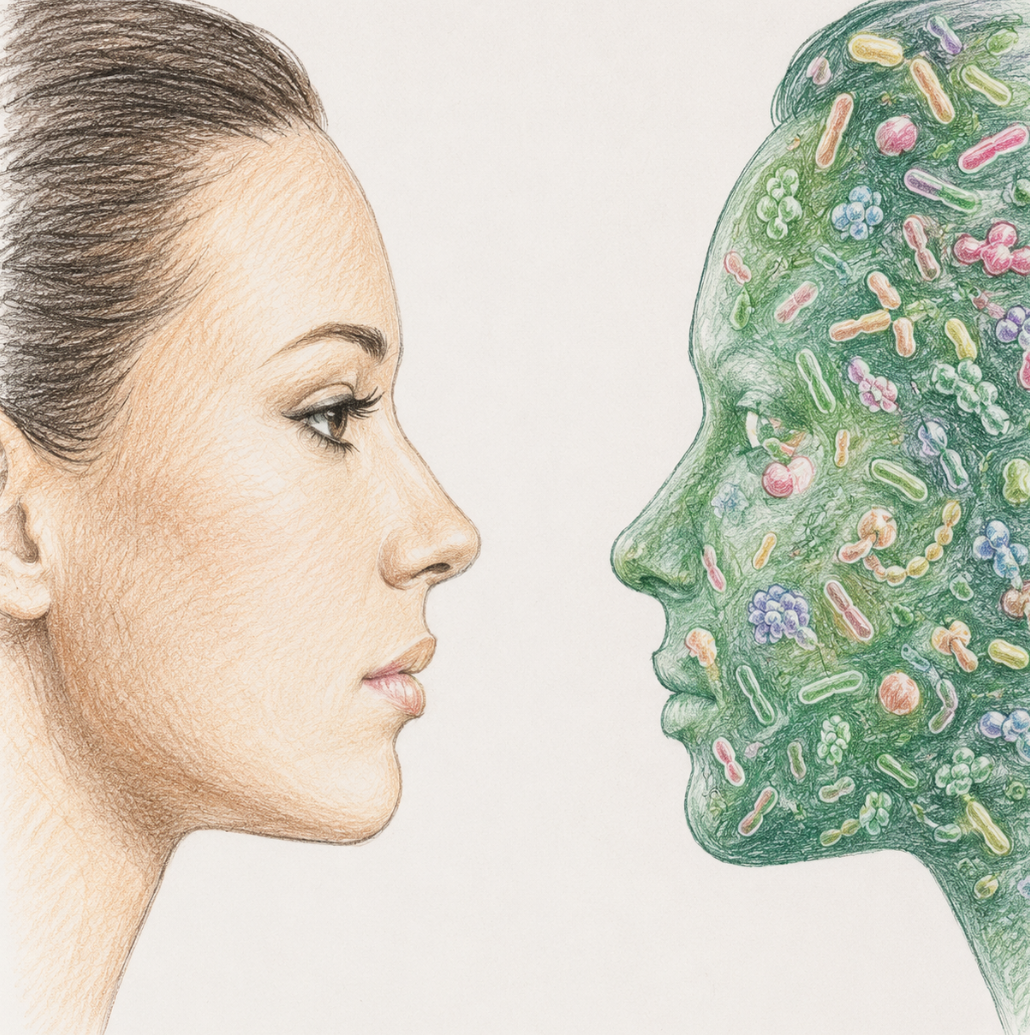 Illustration of a facial profile with the skin microbiome depicted as colorful microorganisms