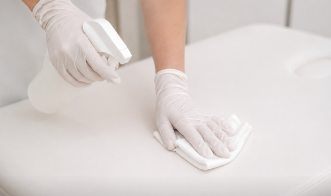 Gloved professional disinfecting a treatment table in a clinic