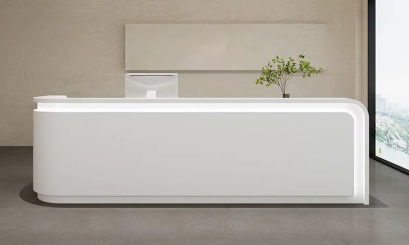 Modern white reception desk in a medical spa