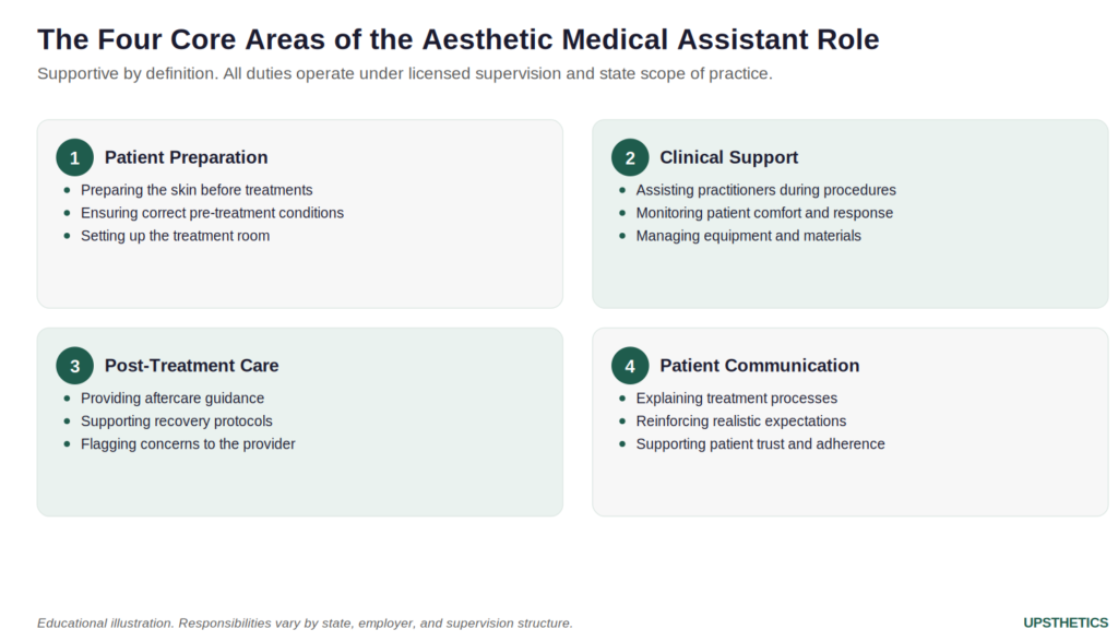 Infographic of the four core areas of the aesthetic medical assistant role: patient preparation, clinical support, post-treatment care, and patient communication