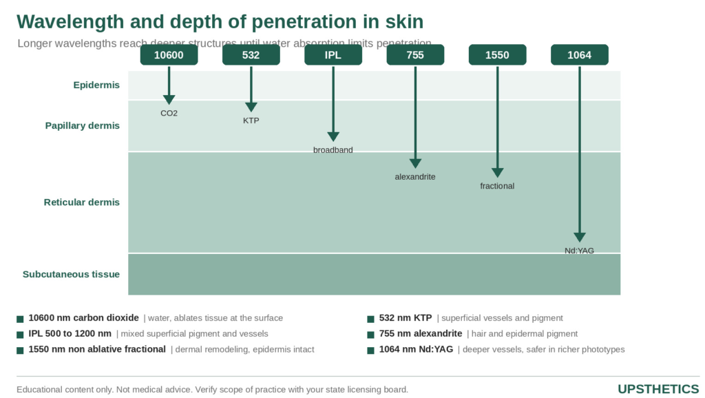 Diagram of how lasers and IPL target different structures in the skin
