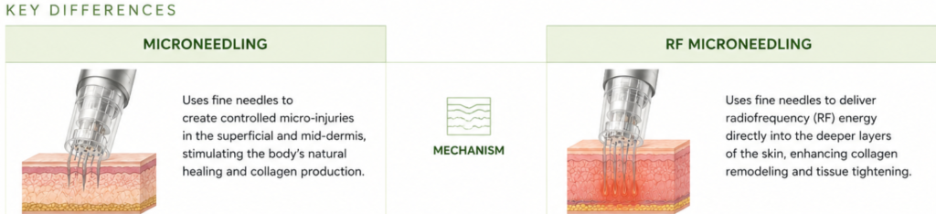 Infographic comparing RF microneedling and traditional microneedling