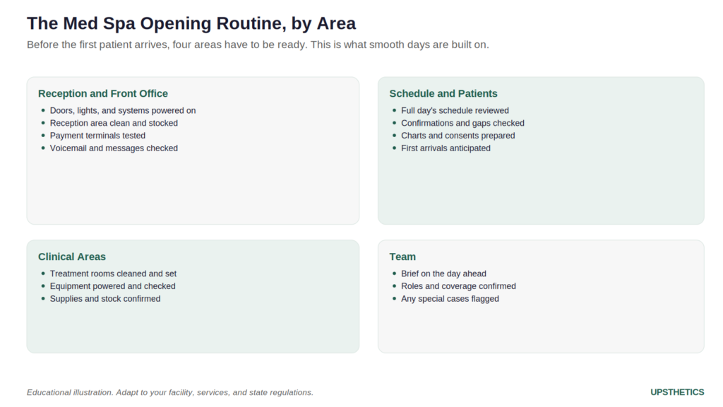 Infographic on the med spa opening routine and the first thirty minutes