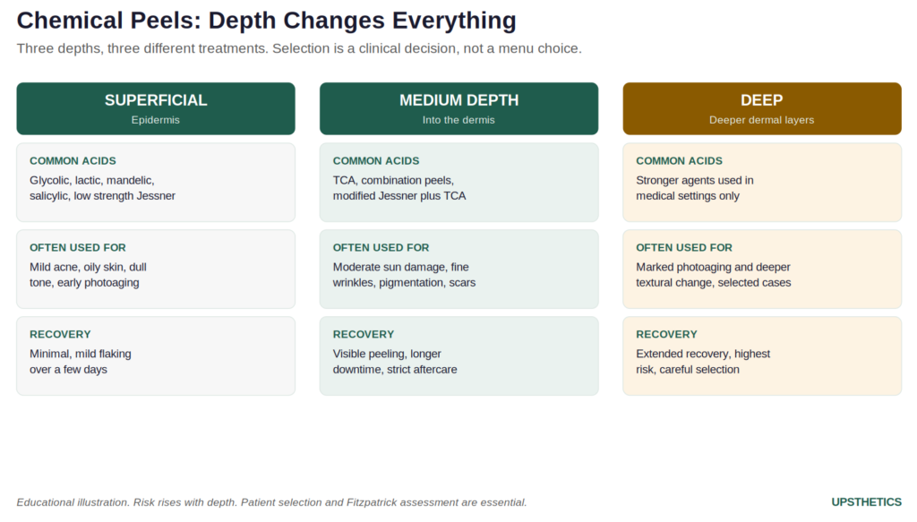 Infographic comparing superficial, medium, and deep chemical peels