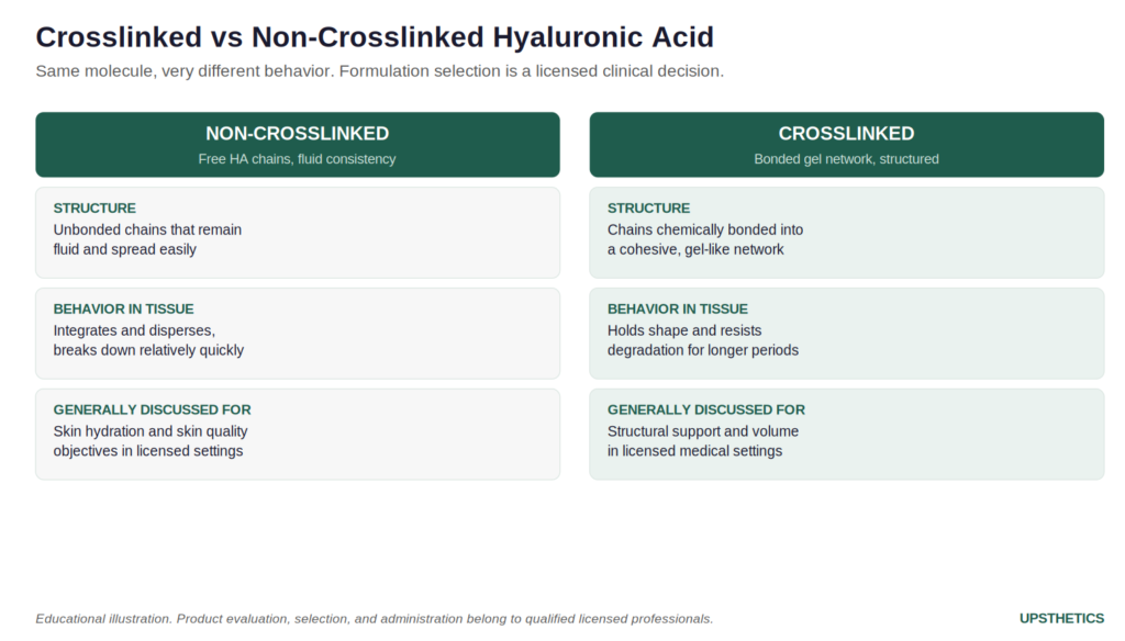 Infographic comparing crosslinked and non-crosslinked hyaluronic acid