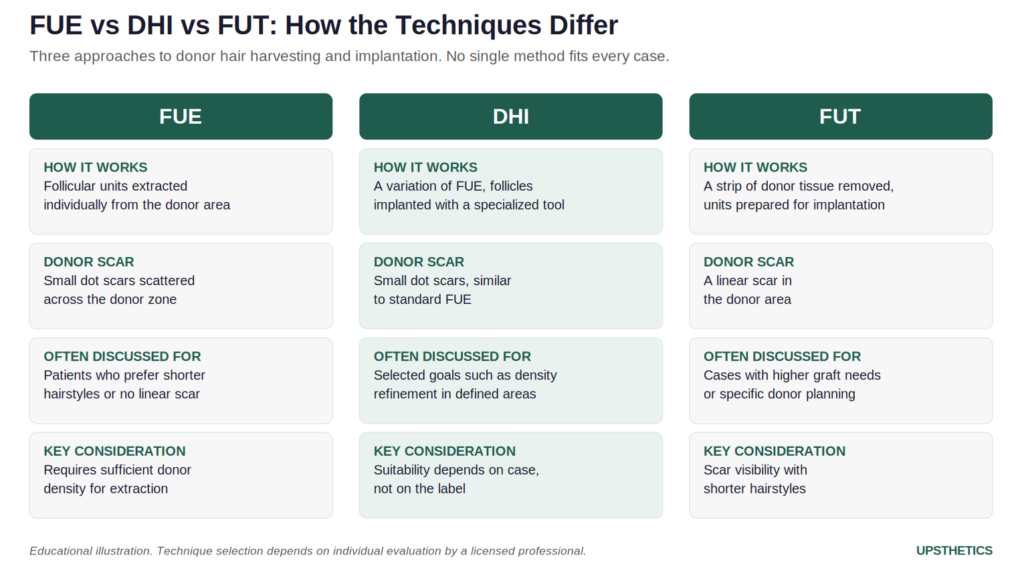 Infographic comparing FUE, DHI, and FUT hair transplant techniques