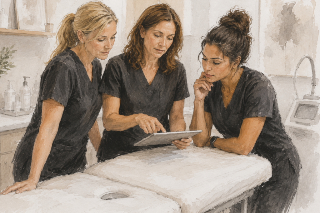 Aesthetic professionals reviewing clinical content in a med spa