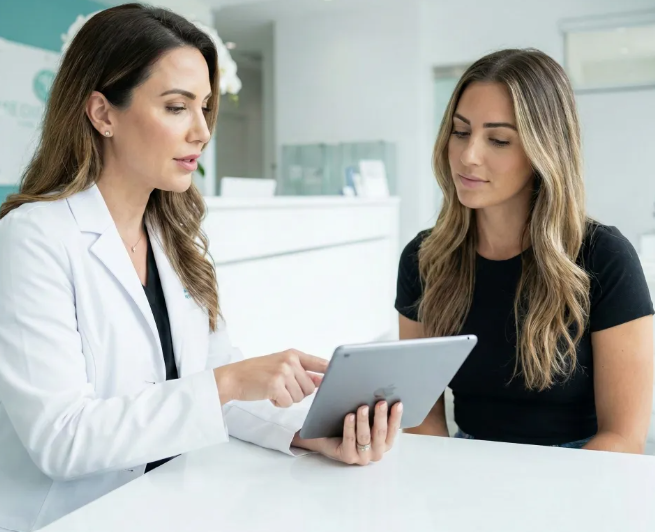 Aesthetic clinician reviewing information with a patient on a tablet