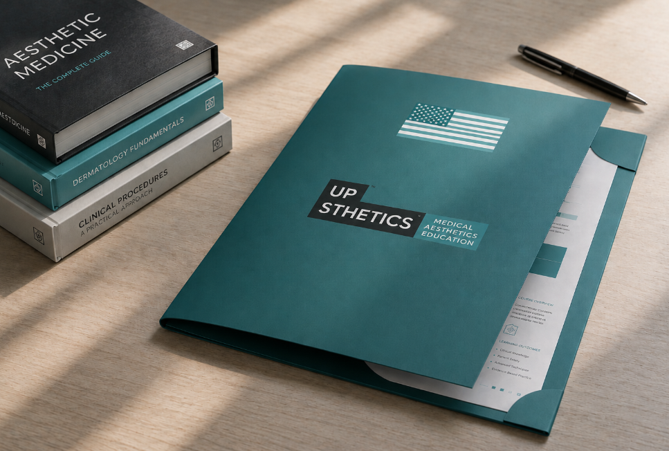 Upsthetics branded folder with the United States flag on a desk beside medical aesthetics textbooks