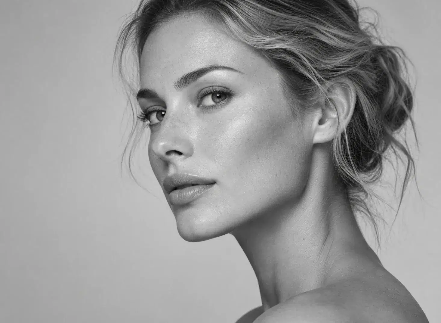 Black and white three quarter view of a woman's face, the angle used in facial assessment because projection does not show on a frontal view