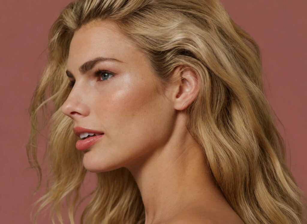 Profile view of a woman's face showing the jawline, cheekbone and midface projection that facial contouring works with