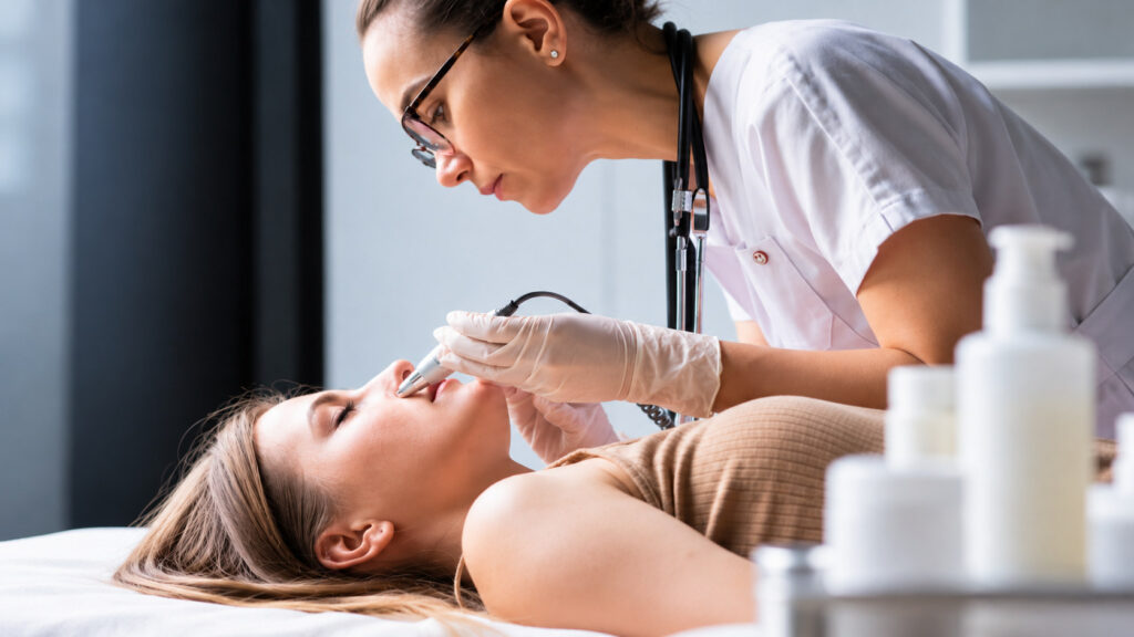 Clinician treating a patient's face with a handheld device in an aesthetic clinic