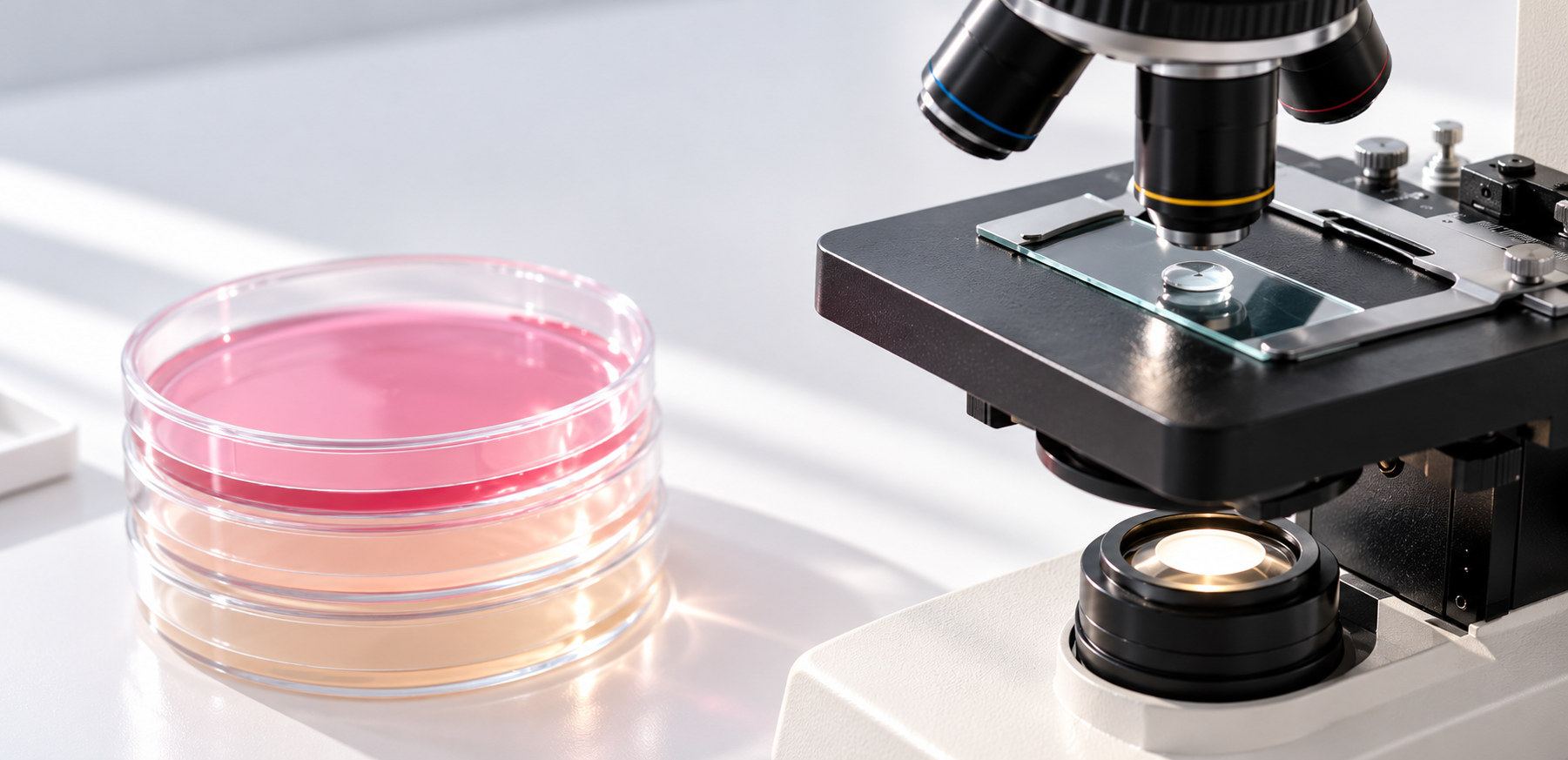 Petri dish with pink culture medium next to a laboratory microscope