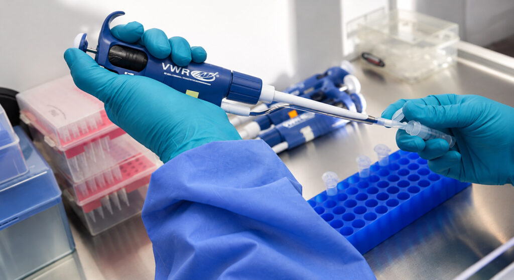 Gloved hands using a pipette over a laboratory sample tray