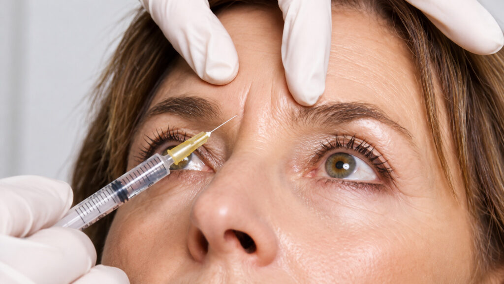 Gloved hands giving a botulinum toxin injection near the patient's eye while lifting the brow
