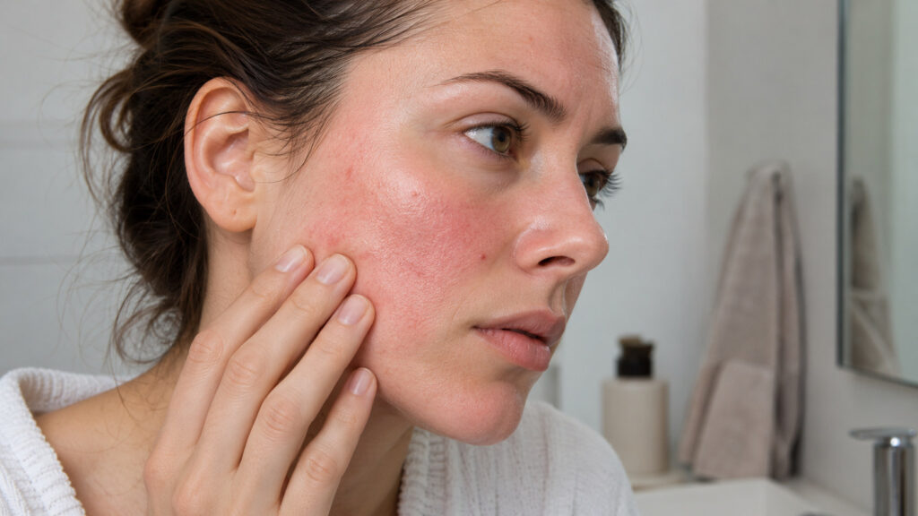 Woman with red, irritated cheeks touching her face in front of a bathroom mirror