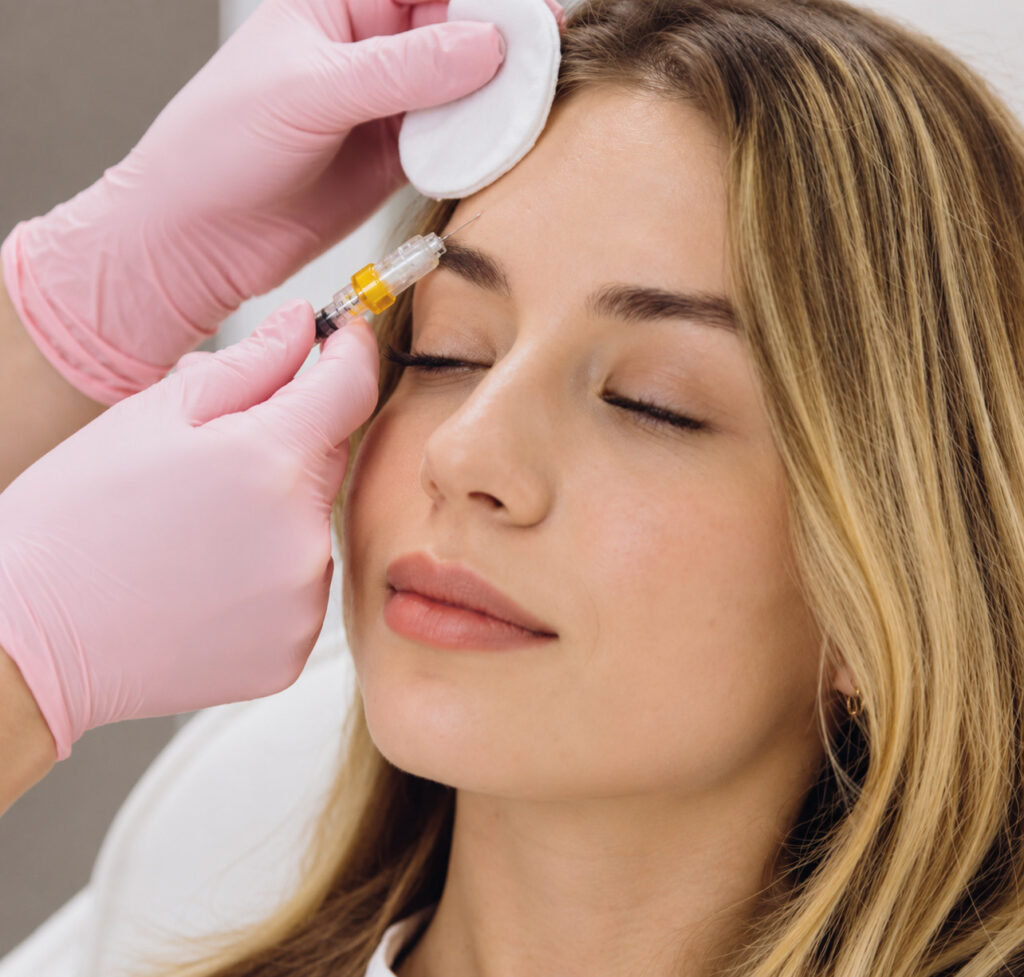 Practitioner in pink gloves injecting botulinum toxin beside a woman's eyebrow