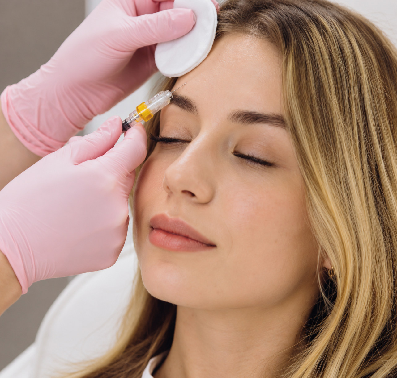 Practitioner in pink gloves injecting botulinum toxin beside a woman's eyebrow
