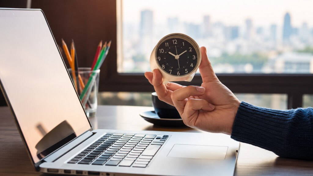 Hand holding a small clock beside an open laptop at the start of the workday