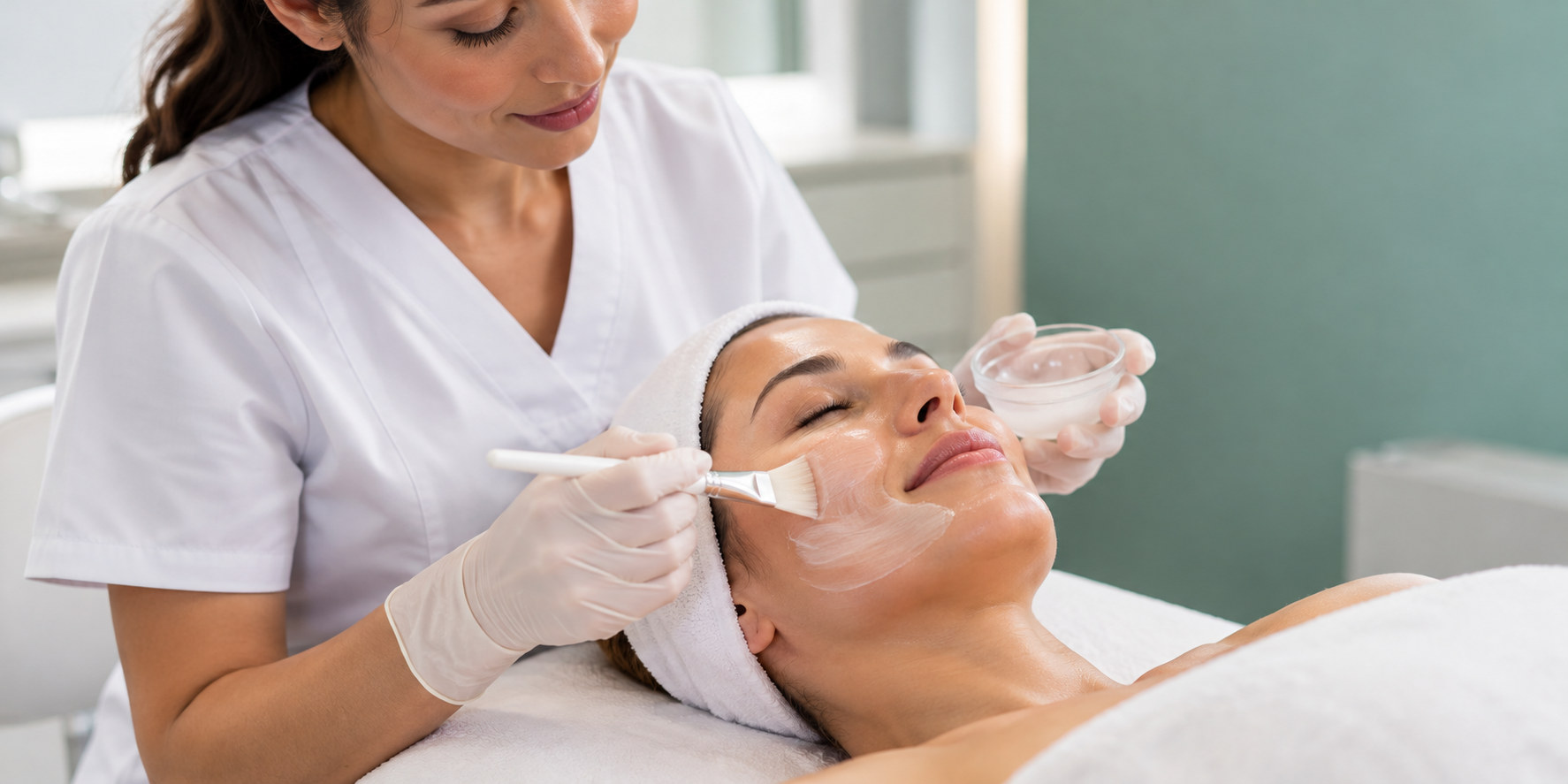 Aesthetic medical assistant applying a mask to a patient's face with a brush