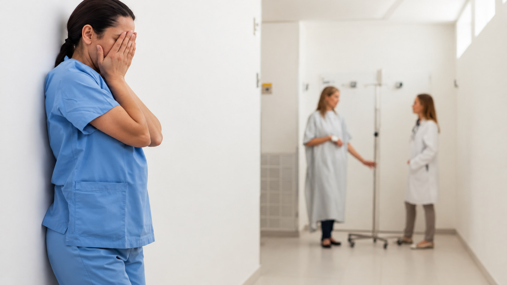 Clinic staff member covering her face in a corridor while a patient talks with a doctor