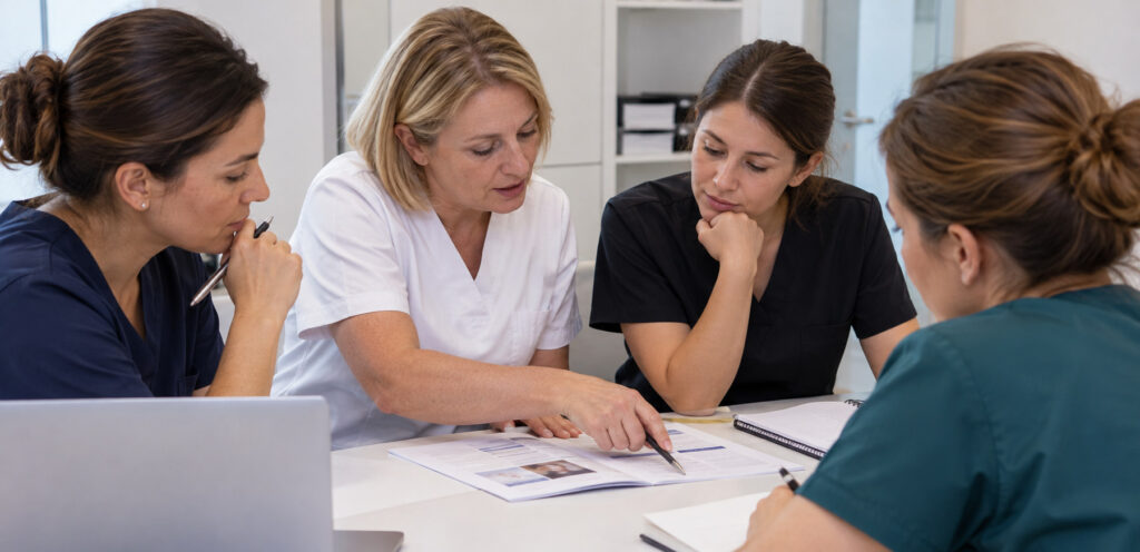 Clinic team reviewing documents together around a desk