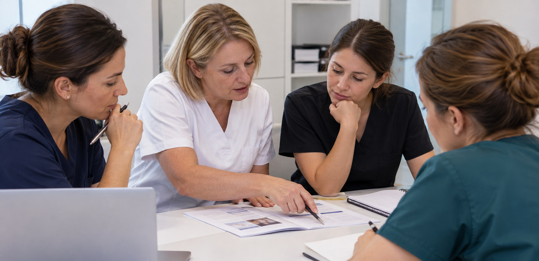 Clinic team reviewing documents together around a desk