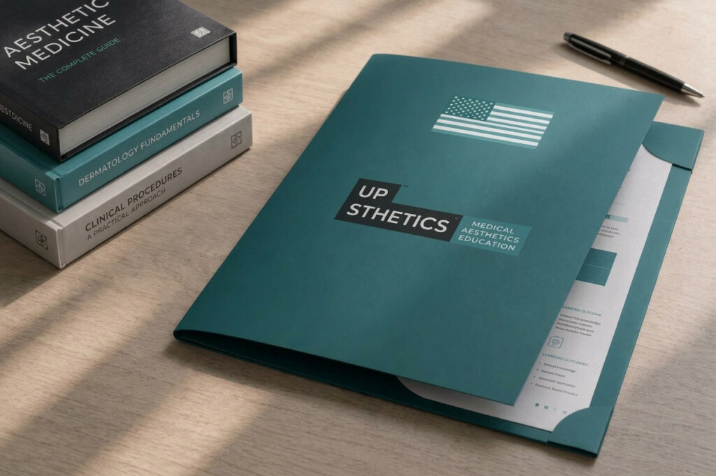 Upsthetics branded folder with the United States flag on a desk beside medical aesthetics textbooks