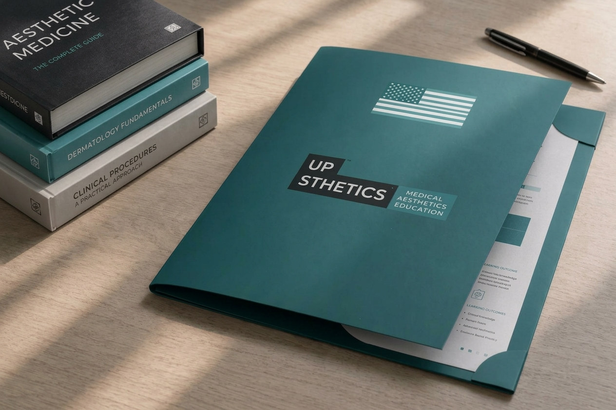 Upsthetics branded folder with the United States flag on a desk beside medical aesthetics textbooks