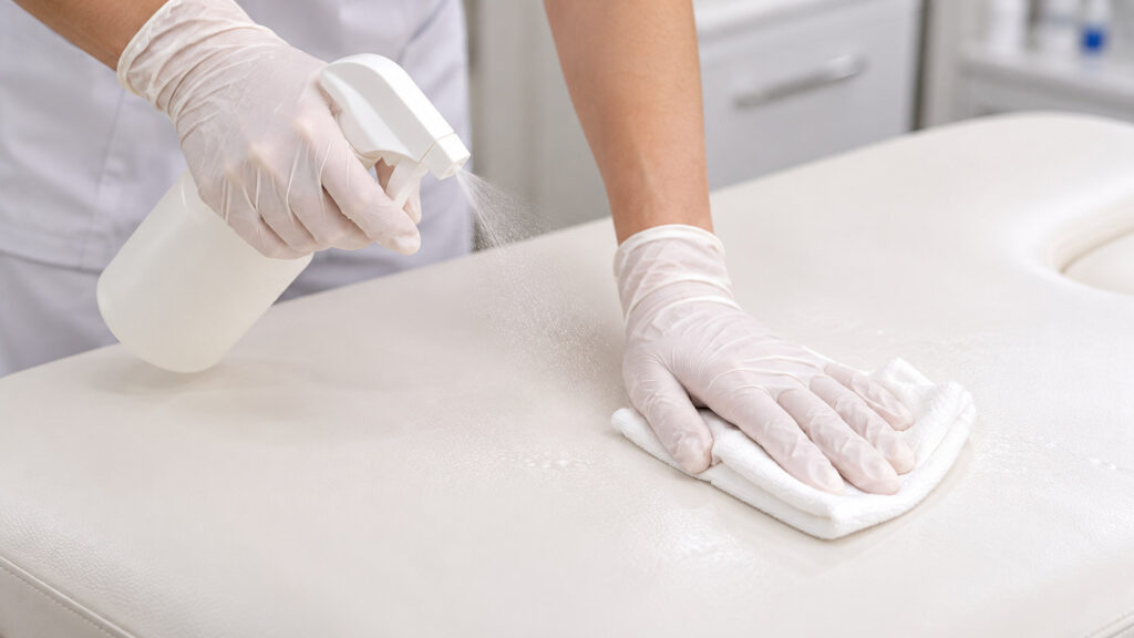 Gloved hands disinfecting a treatment couch with a spray bottle and a cloth