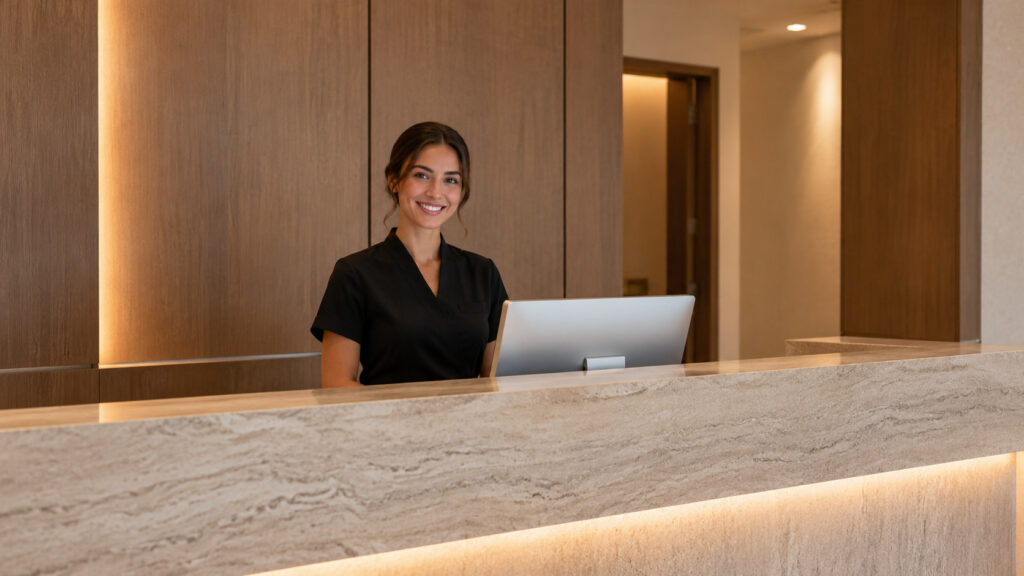 Smiling receptionist behind a marble front desk in a med spa lobby