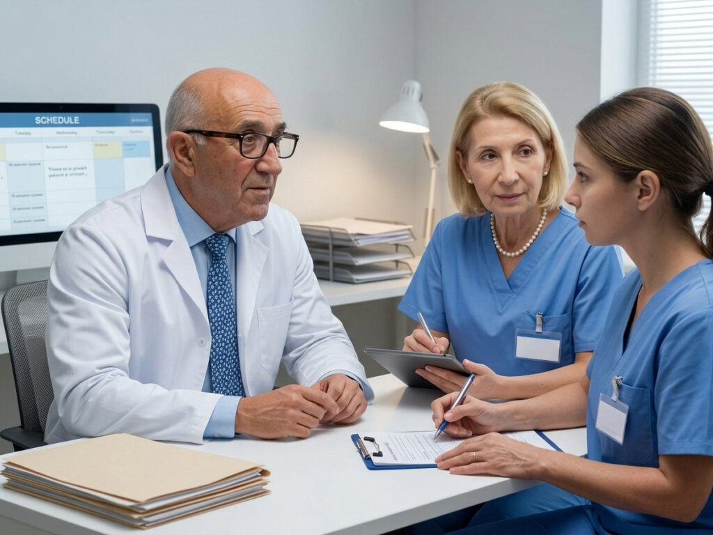 Physician and two staff members reviewing files at a clinic desk