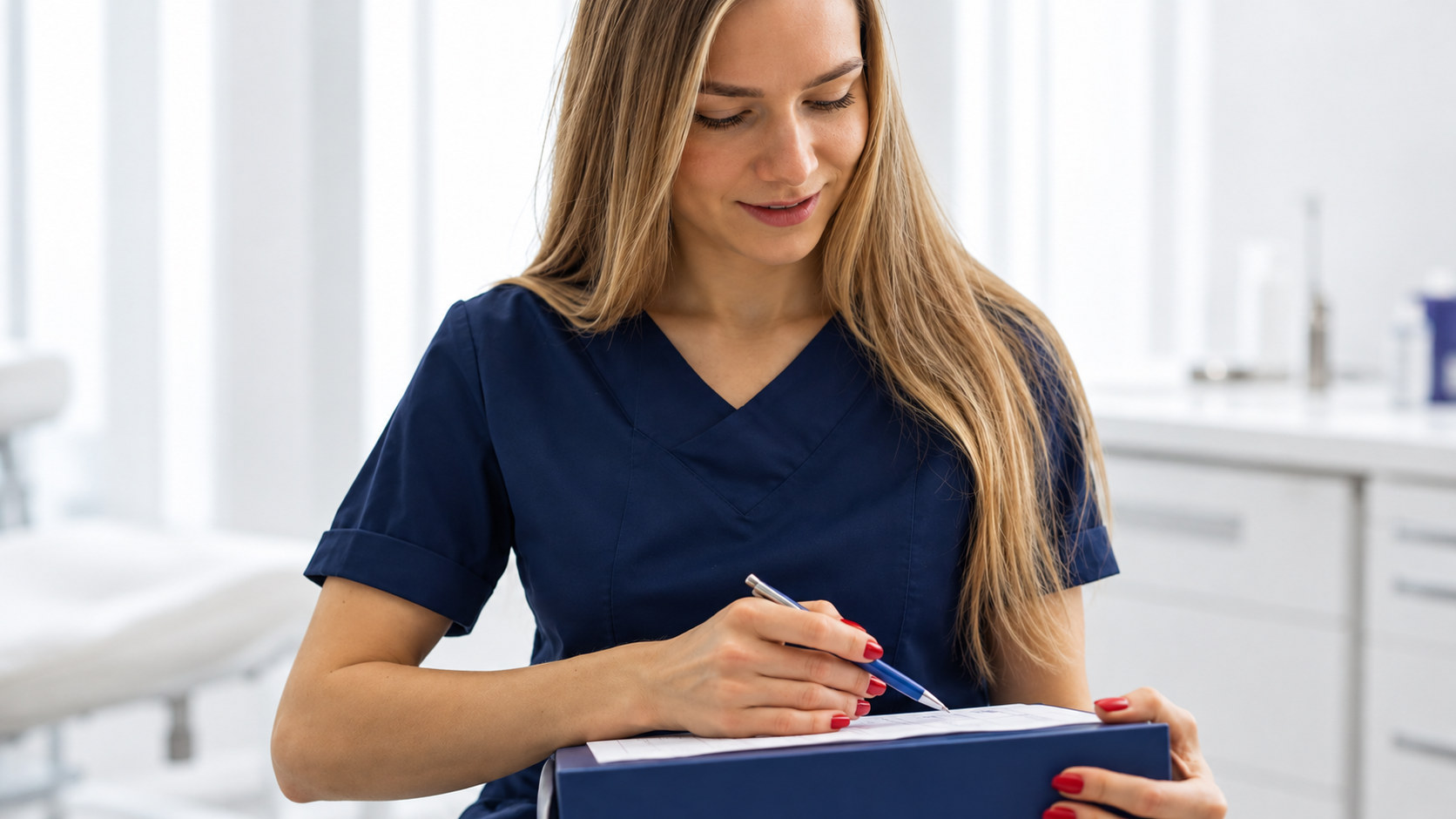 Patient coordinator in navy scrubs writing on a clipboard in a clinic
