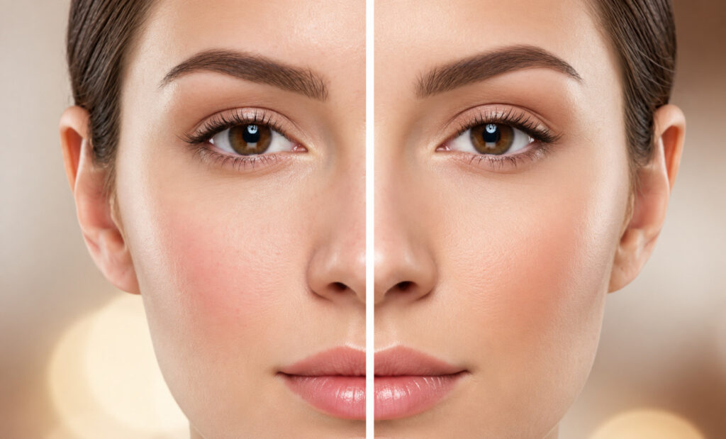 Woman's face split down the middle to compare the skin on each side