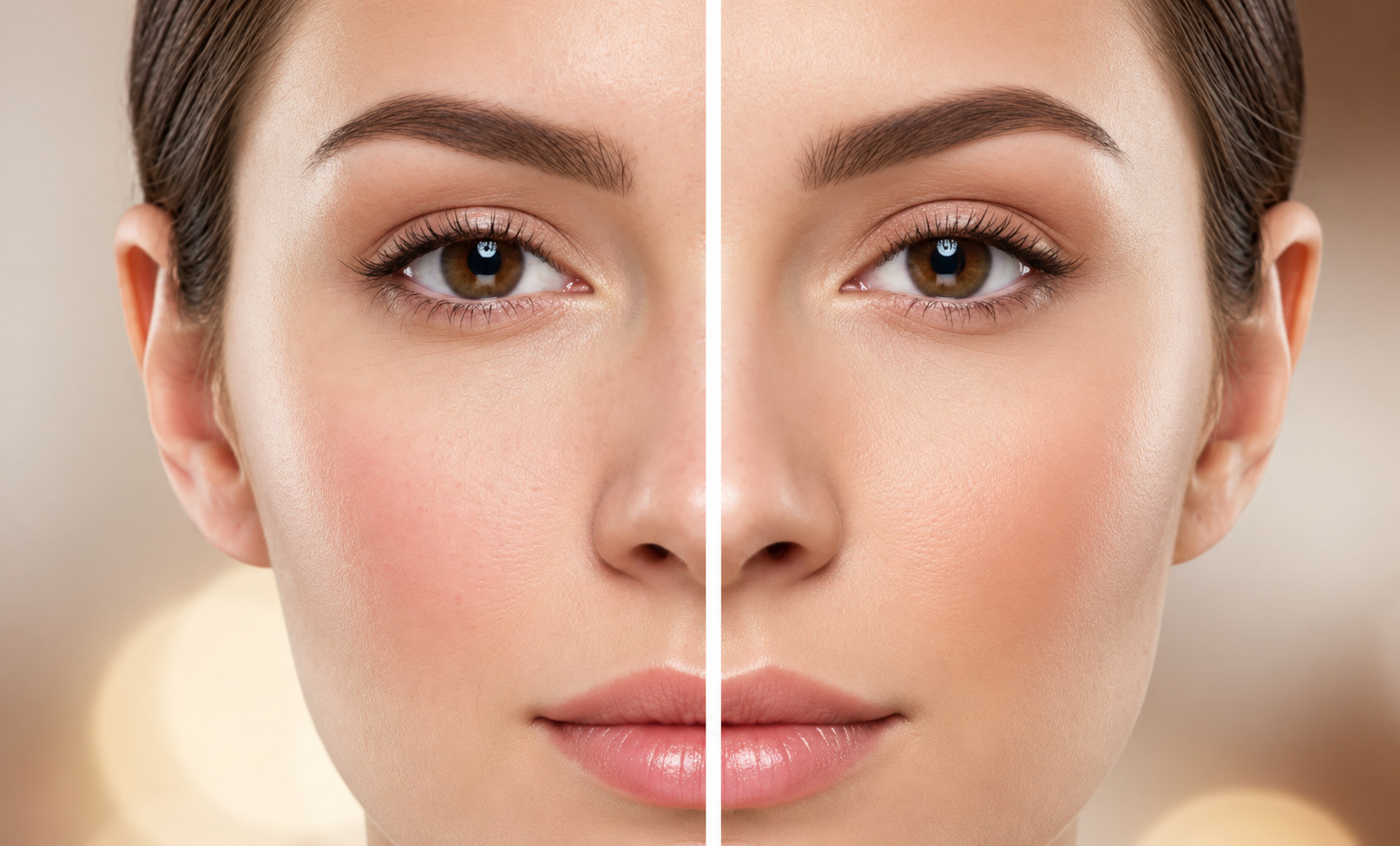Woman's face split down the middle to compare the skin on each side