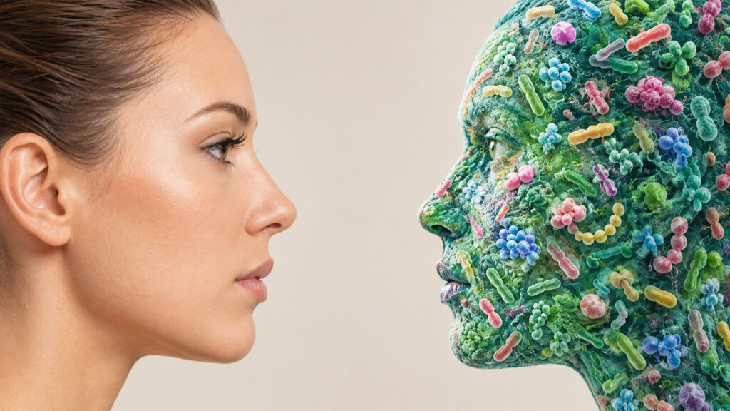 Illustration of a woman's profile facing a profile made of colorful microbes
