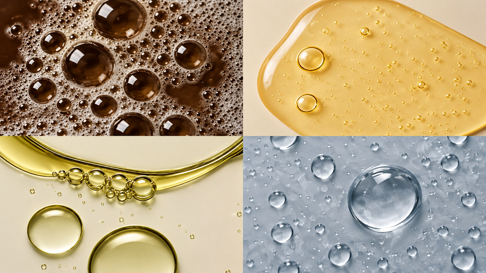 Four close-ups of serum, oil and gel textures with bubbles