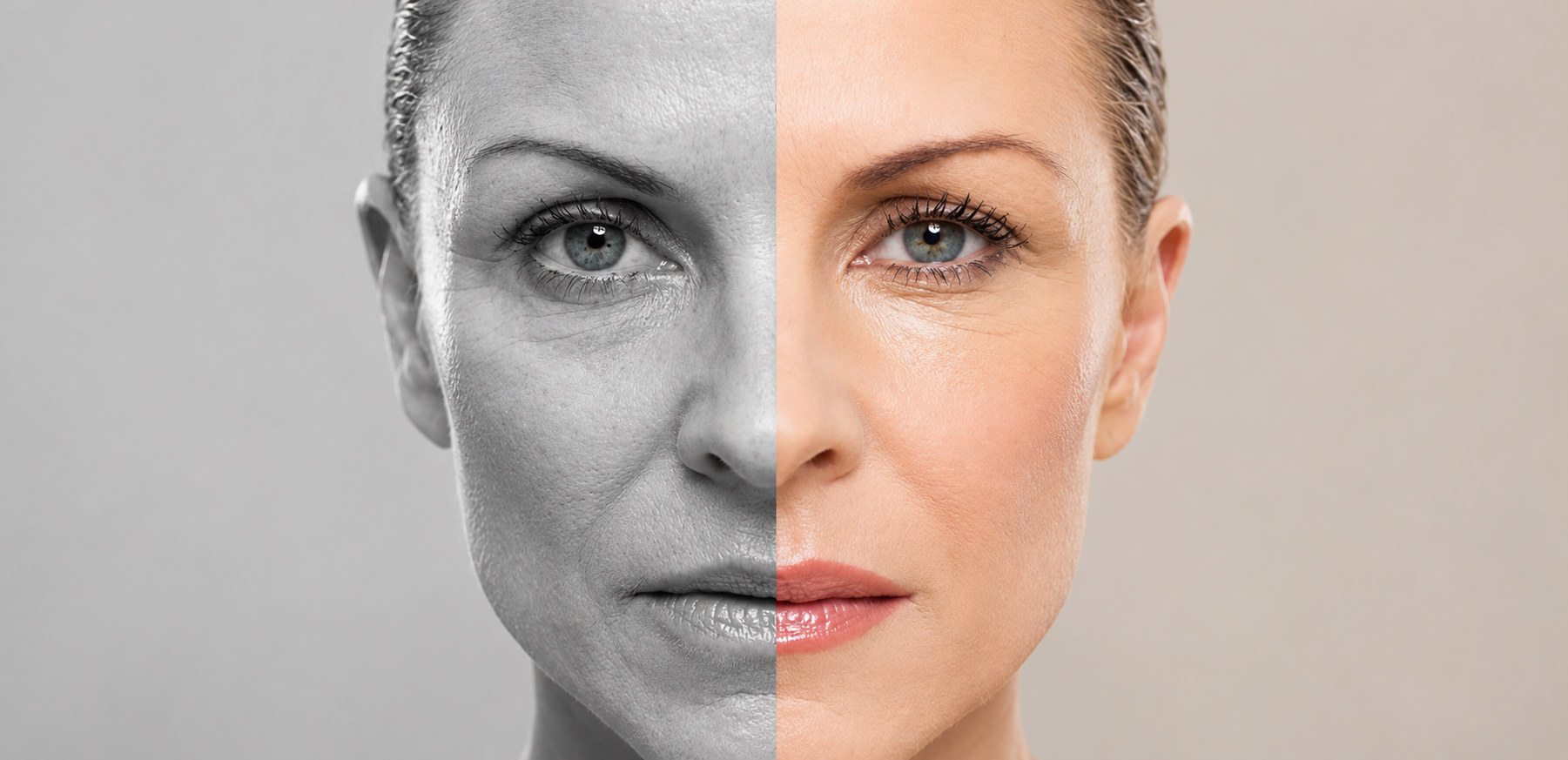 Woman's face split in half, aged in black and white on one side and in color on the other