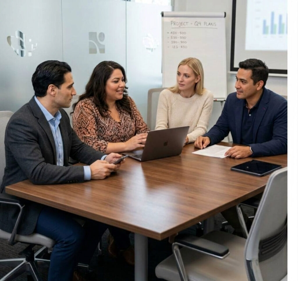 Clinic team meeting around a table with a laptop to review figures