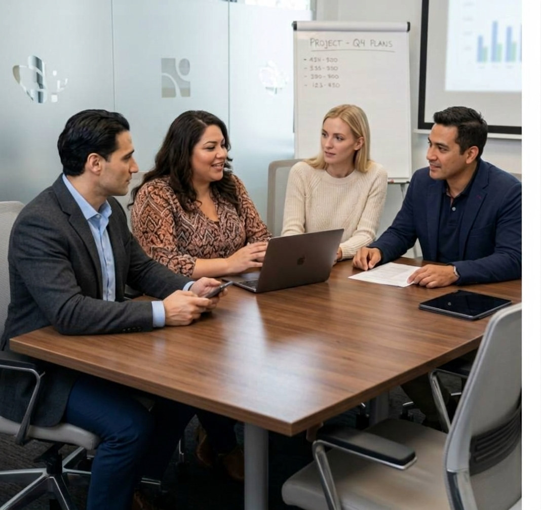Clinic team meeting around a table with a laptop to review figures