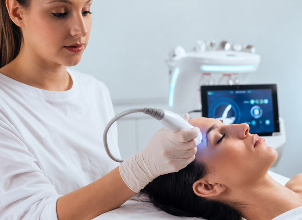 Aesthetic medical assistant treating a patient's face with a skincare device