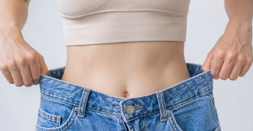 Woman holding out the waistband of loose jeans after weight loss