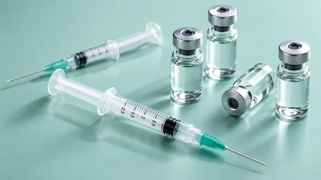 Two syringes and glass vials on a teal surface